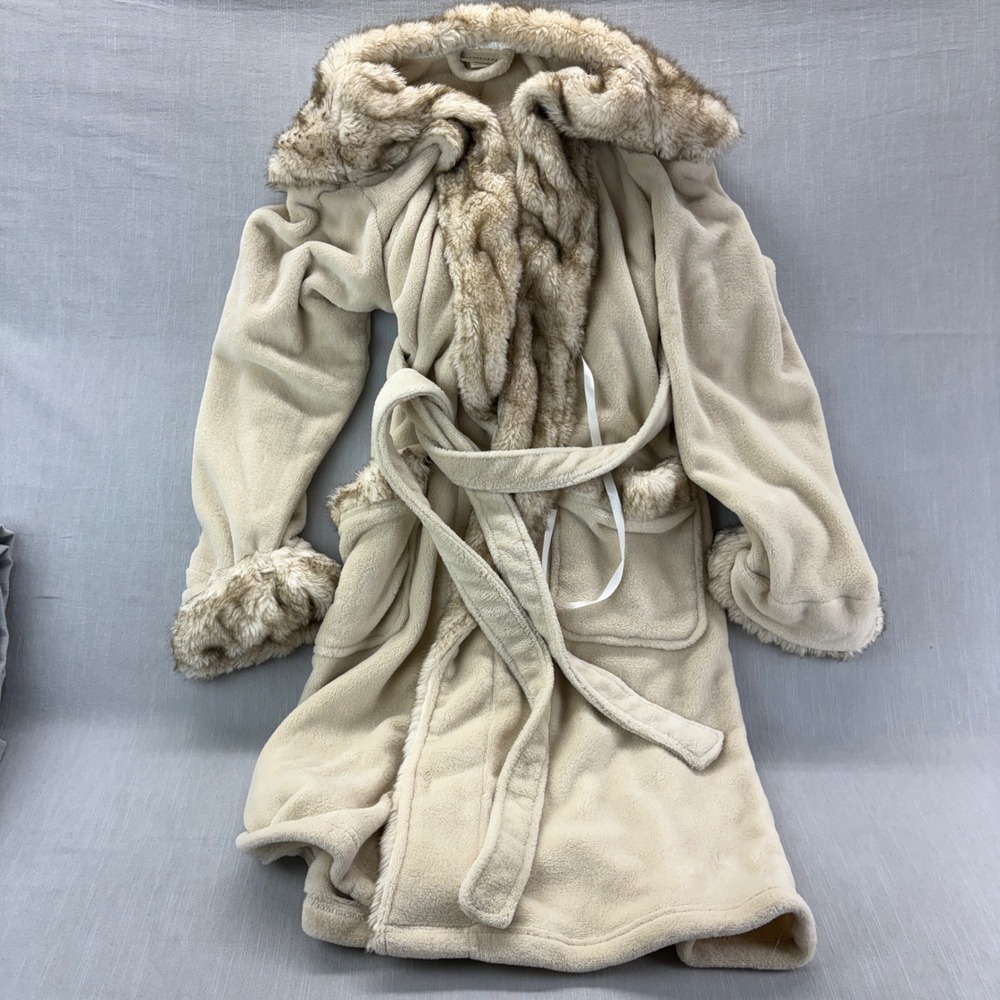 Pottery Barn Robe Womens Large Cream Faux Fur Trim Plush Belted Spa Loungewear